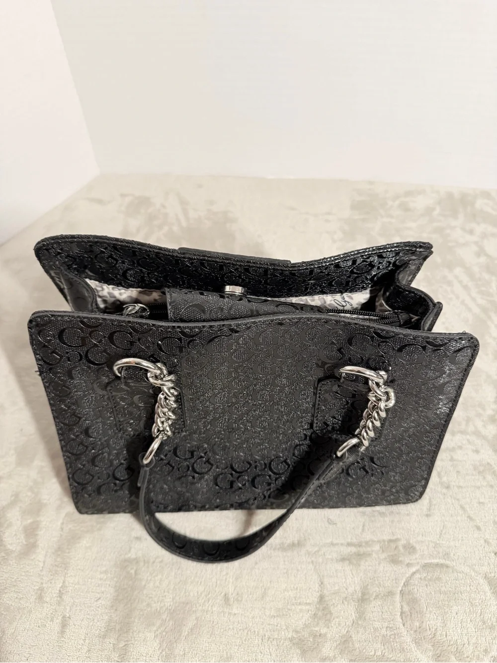 GUESS Black Signature Tote Bag with Chain Handles